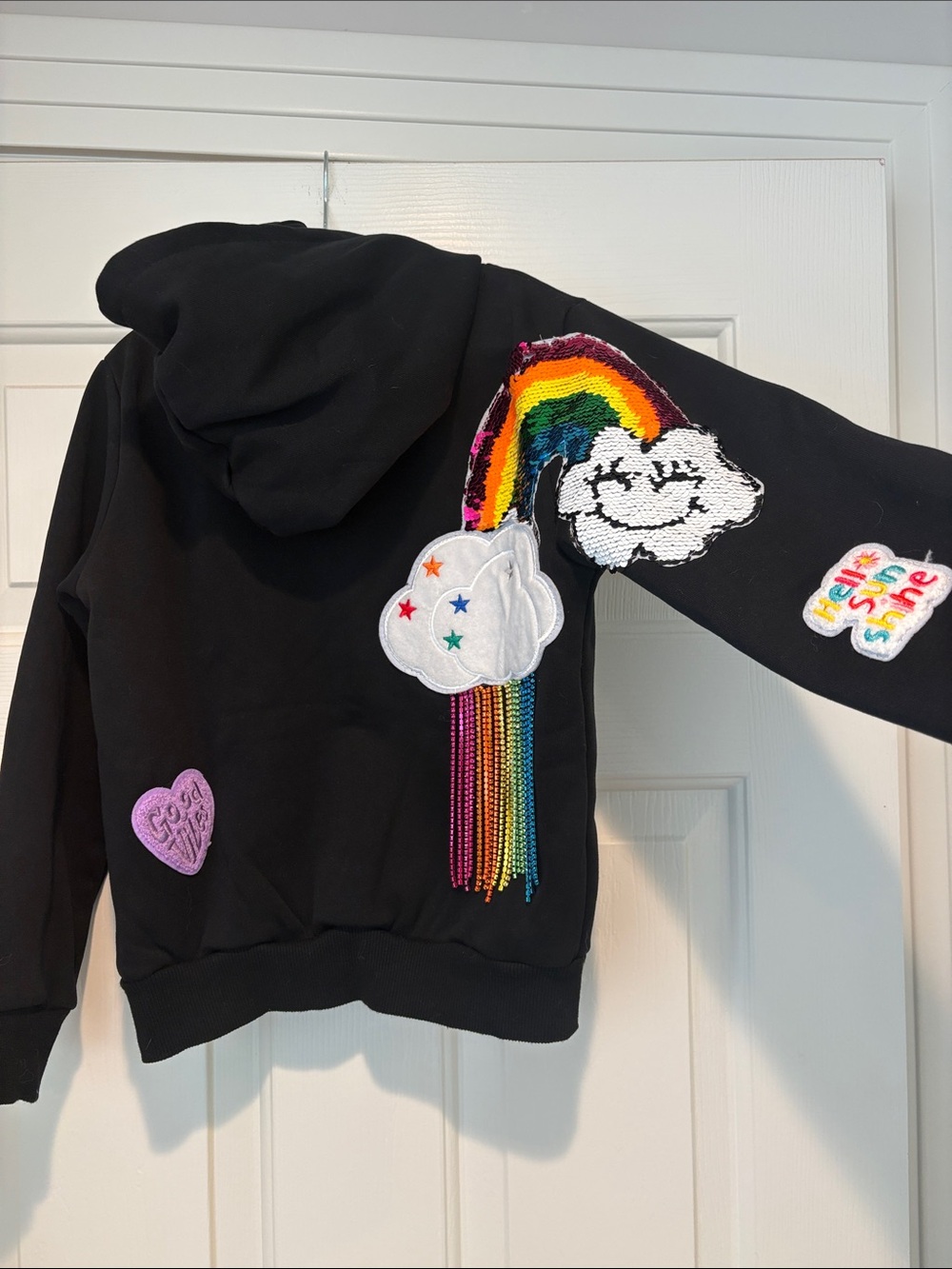 Lola + The Boys Black Hoodie with Rainbow Sequin Cloud and Beaded Tassel